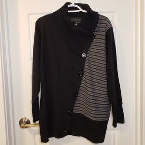 La Madona Women's Black Grey Knitted Collared Asymmetric Button Sweater-Size: 1X